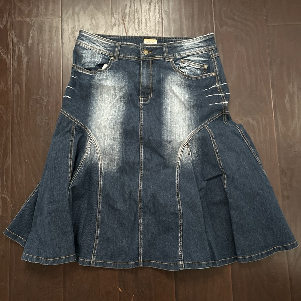 Xyou distressed denim midi skirt